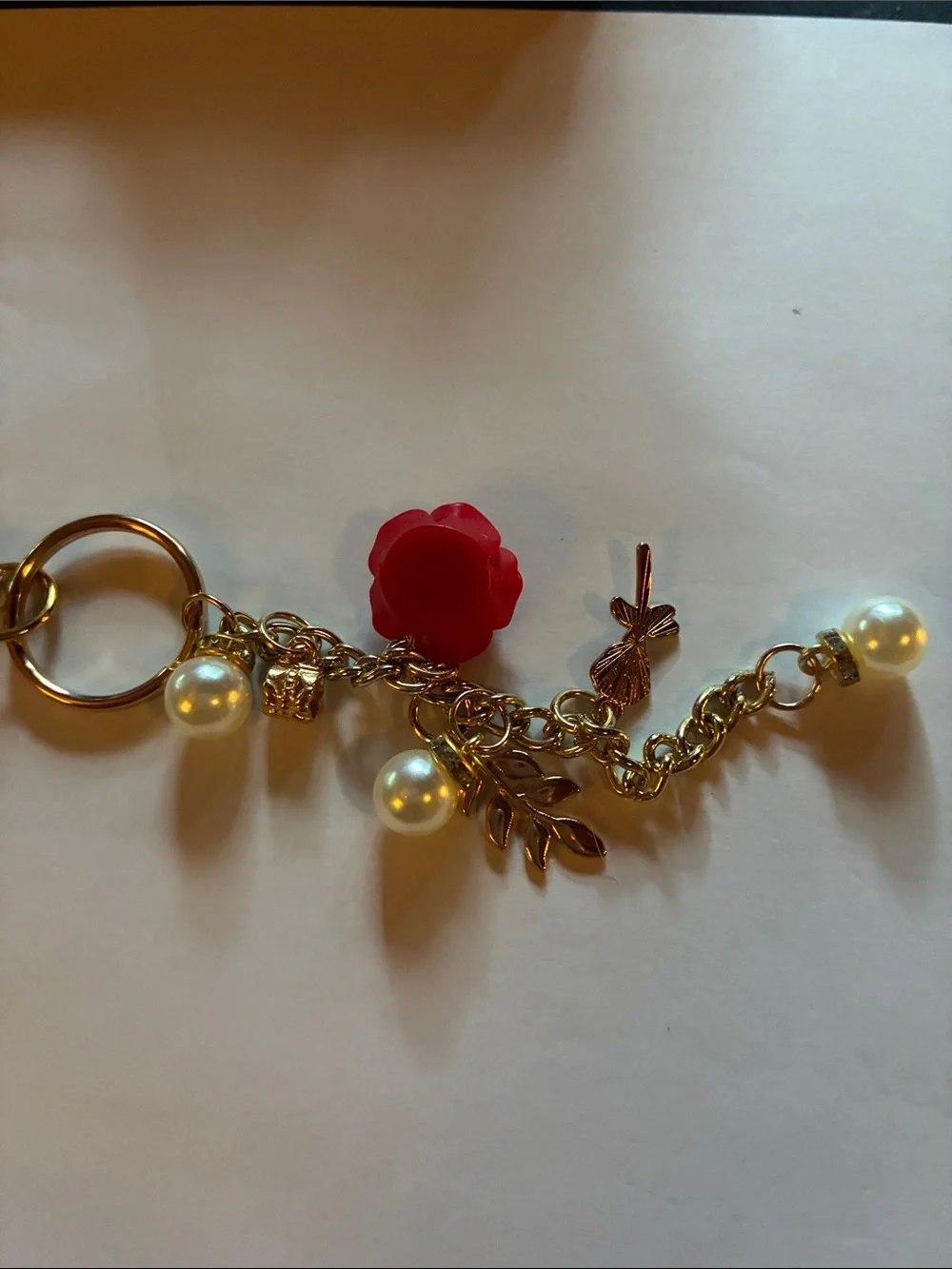 Gold-tone Red Rose Charm Keychain with Pearls